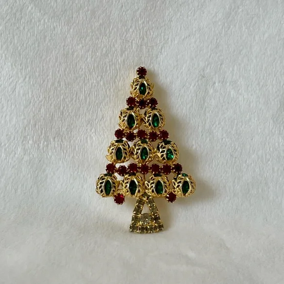 Vintage Hobo Rhinestone Goldtone Brooch Christmas Tree Pin Green Red Gray - Picture 5 of 13